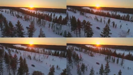 图片:人们在冬季自驾游，在日落时分在冰雪覆盖的拉普兰荒野中旅行高清在线视频素材下载