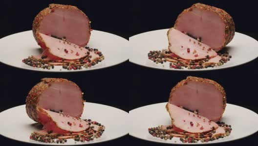 猪腰肉切片和花椒粒放在白盘子里，旋转高清在线视频素材下载