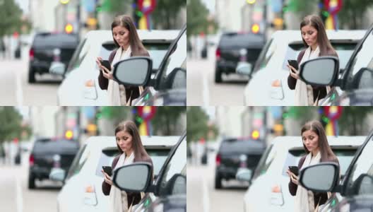 混血西班牙妇女用手机叫出租车高清在线视频素材下载