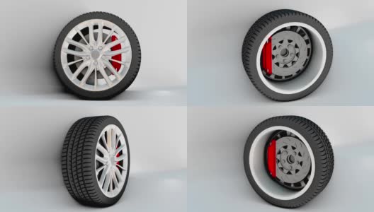 3D car wheel rotates on white background高清在线视频素材下载