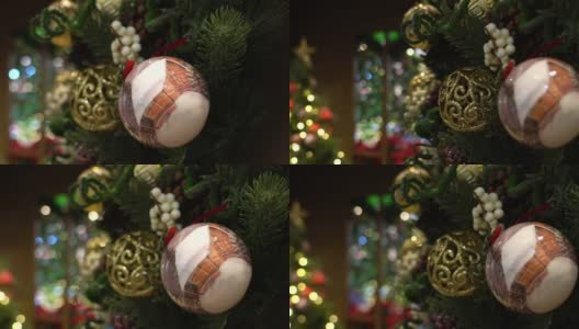 圣诞装饰、装饰品和彩灯。近距离和滑球。高清在线视频素材下载