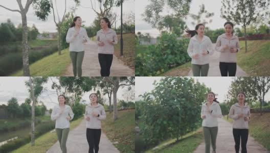 2亚洲华人女性周末在公园跑步休闲活动高清在线视频素材下载
