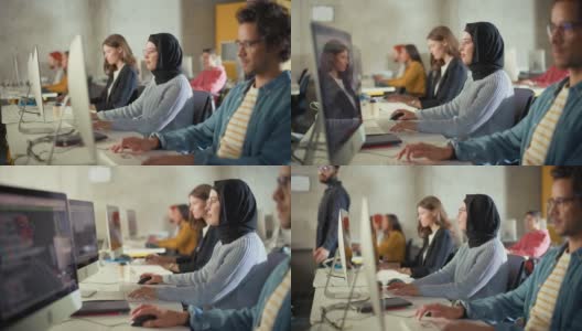 多元族群的男女学生坐在大学教室，学习计算机科学。青年学者在大学学习计算机信息技术，在课堂上编写代码。高清在线视频素材下载