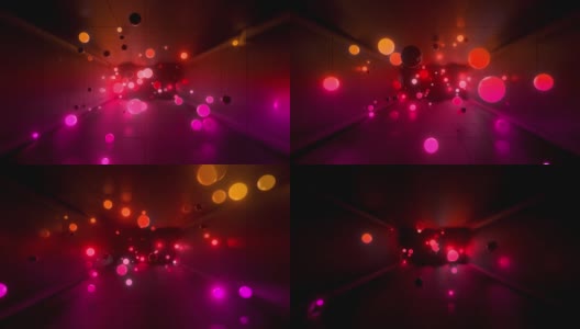 霓虹发光球飞进室内，光线梯度平滑。黄色，紫色，红色。平滑的动画在4k，简单的抽象背景发光球体。高清在线视频素材下载