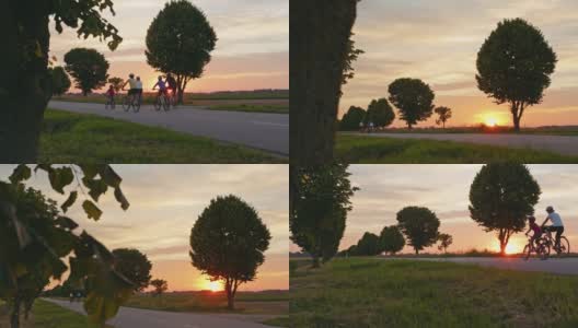 日落时分，一个家庭带着三个孩子在绿树成荫的乡间小路上骑单车高清在线视频素材下载
