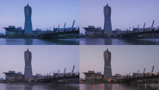 杭州的天际线，河上的交通和现代建筑，从早到晚，时光流逝。高清在线视频素材下载