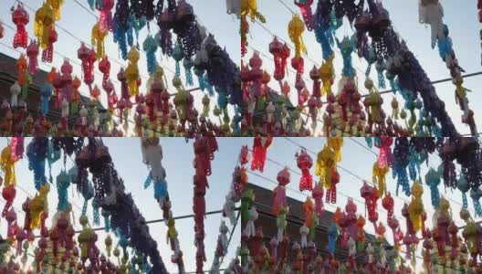 在泰国的哈列蓬猜佛寺，彩色的灯和灯笼高清在线视频素材下载