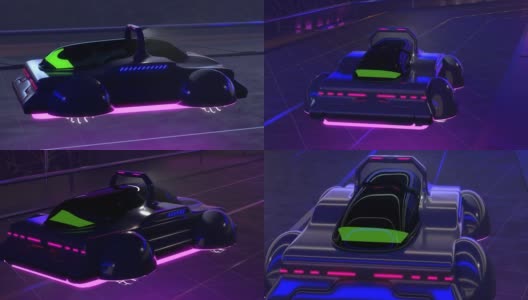 后面装着4K赛博朋克飞车假3D游戏车。赛博朋克的快速游戏车，发光的紫色和粉红色。未来主义的背景高清在线视频素材下载