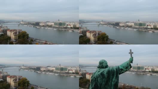布达佩斯盖勒特山盖勒特纪念碑后面的城市景观高清在线视频素材下载