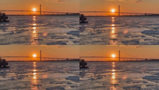 大使桥在黄昏-冰流动高清在线视频素材下载
