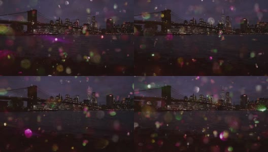 纽约市天际线上的彩色雪花闪烁新年快乐高清在线视频素材下载