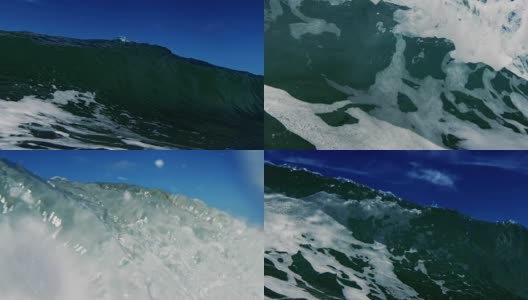 巨大美丽的波浪POV，当波浪打破相机在浅滩在加利福尼亚夏天的阳光。慢动作在红龙上以300FPS的速度拍摄。高清在线视频素材下载