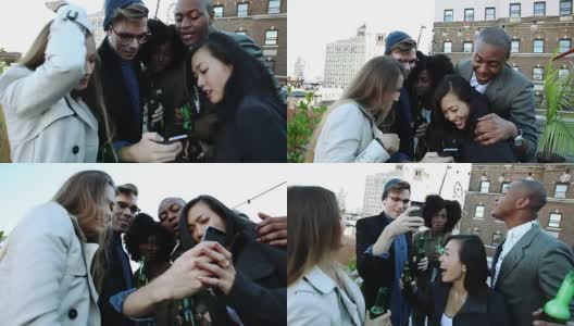 朋友们在纽约曼哈顿的一个屋顶上聚会高清在线视频素材下载
