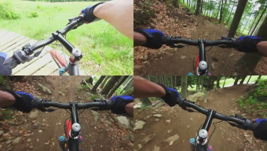 山地自行车穿过绿色森林TL POV高清在线视频素材下载
