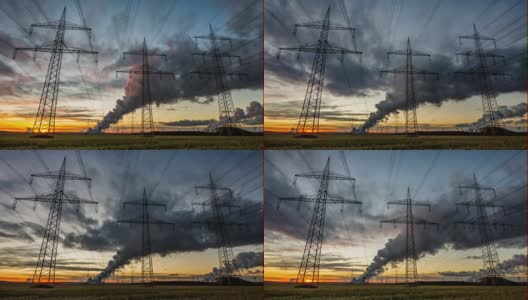 时间流逝:一座褐煤发电厂前的电塔高清在线视频素材下载