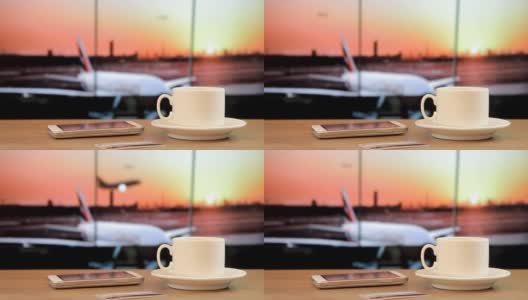 机场的热咖啡，小玩意，飞机起飞高清在线视频素材下载