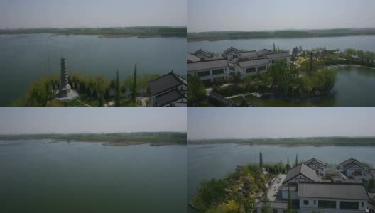 无人机空中人工湖中心岛高清在线视频素材下载