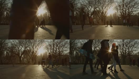 日落时分在中央公园散步的人群高清在线视频素材下载