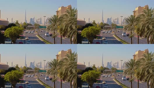 迪拜的高速公路，背景是世界一流的建筑高清在线视频素材下载
