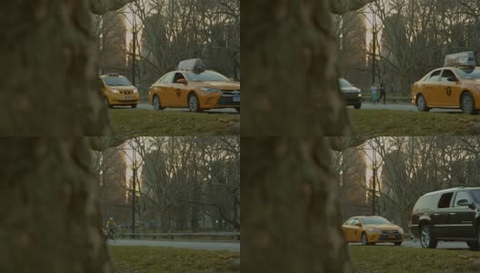汽车和黄色出租车在纽约中央公园缓慢行驶高清在线视频素材下载