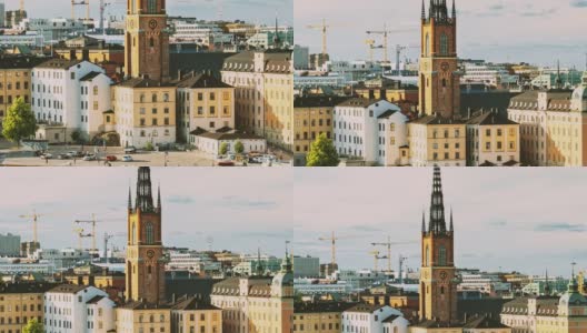 斯德哥尔摩,瑞典。格拉斯坦是著名的受欢迎的地方和旅游景点。Riddarholm教堂在阳光明媚的夏天城市景观天际线。古城堤岸风景。联合国教科文组织世界遗产高清在线视频素材下载