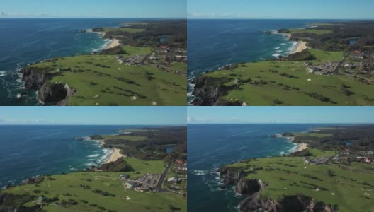 无人机拍摄的澳大利亚新南威尔士州南海岸Narooma高尔夫球场和Narooma海滩高清在线视频素材下载