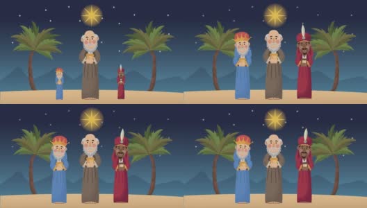 圣诞快乐动画与魔法国王夜景高清在线视频素材下载