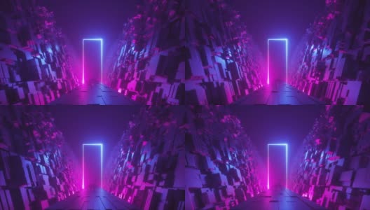毛圈的3 d动画。抽象的未来主义霓虹灯背景。在夜空下，沿着无尽的道路前行高清在线视频素材下载