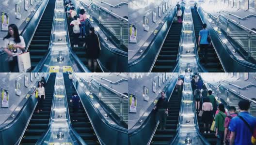 向上倾斜地铁自动扶梯的延时高清在线视频素材下载