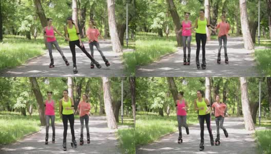 三个女孩穿着kangoo鞋在公园里跳高清在线视频素材下载