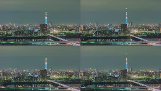 4K时间推移:东京城市和天空树在晚上的鸟瞰图高清在线视频素材下载