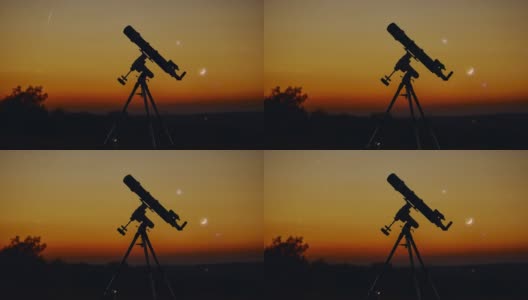 望远镜的剪影，星空和新月下的乡村。高清在线视频素材下载