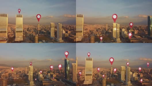 技术概念，数据通信，人工智能。空中智能城市。连接未来城市的本地化图标。物联网。伊兹密尔土耳其的天际线。高清在线视频素材下载