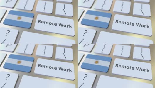 电脑键盘上的远程工作文本和阿根廷国旗。远程办公或远程工作相关的概念3D动画高清在线视频素材下载