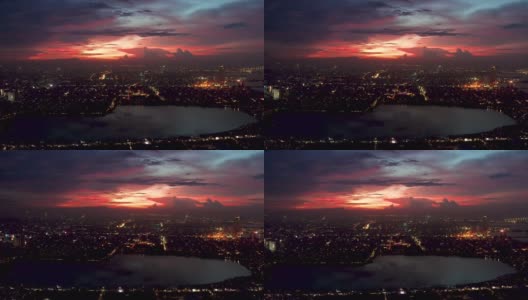 无人机拍摄的雅加达景观在红色日落高清在线视频素材下载