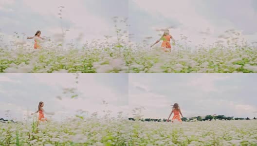 SLO MO狂喜的女孩在田野里奔跑高清在线视频素材下载