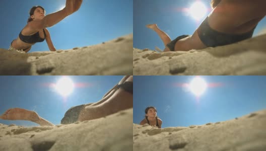 高清超级慢动作:沙滩排球运动员跳球高清在线视频素材下载