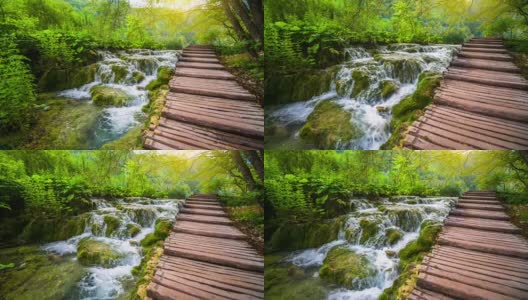 在温暖的阳光下的小瀑布在Plitvice湖国家公园-超级慢镜头高清在线视频素材下载