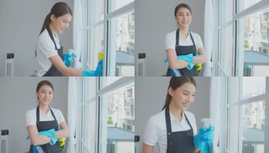 亚洲年轻清洁服务女工在房子工作的肖像。美丽的女孩主妇管家清洁工交叉手臂微笑，在做家务或家务后看着相机。高清在线视频素材下载
