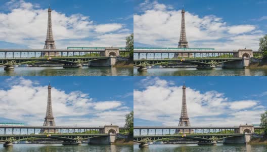 巴黎地铁在伯尔-哈基姆桥上穿越塞纳河，背景是埃菲尔铁塔高清在线视频素材下载