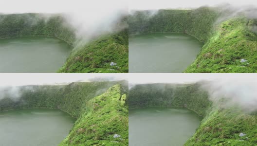 亚述尔群岛弗洛雷斯岛，Lagoa Funda / Caldeira Funda大雾火山口湖高清在线视频素材下载