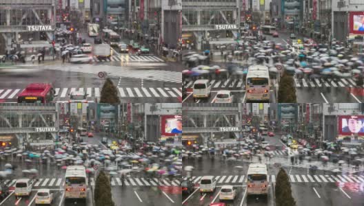 高清延时:涉谷十字路口下着雨的行人高清在线视频素材下载