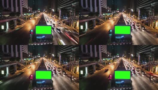 4K:晚上的绿屏广告牌高清在线视频素材下载