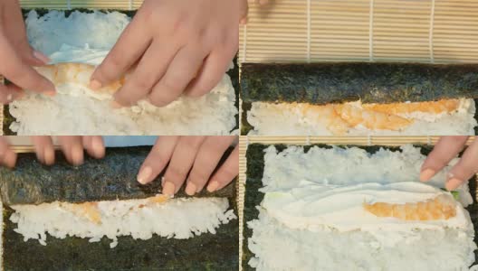厨师把虾奶酪放在上面，卷寿司卷高清在线视频素材下载