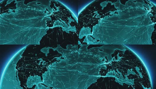 地球连接。Europe-North美国。空中、海上、地面航线/国家边界。高清在线视频素材下载