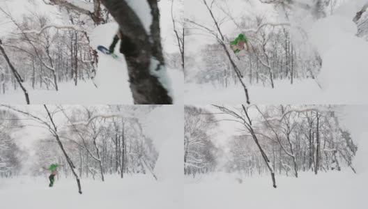 滑雪板空中离开树后360在粉末野外自由式骑冬季运动场景高清在线视频素材下载
