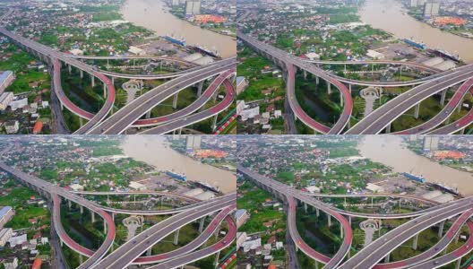 泰国普密蓬大桥交通的鸟瞰图高清在线视频素材下载