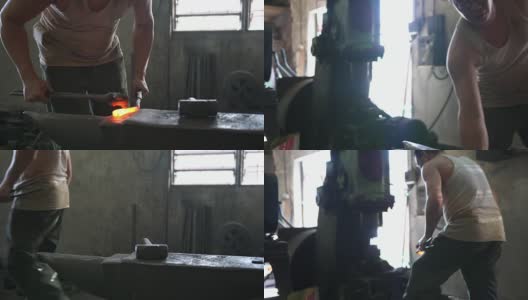 亚洲铁匠在他的车间里在铁砧上锻造热铁高清在线视频素材下载
