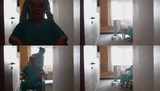 护士用轮椅推着病人进病房高清在线视频素材下载