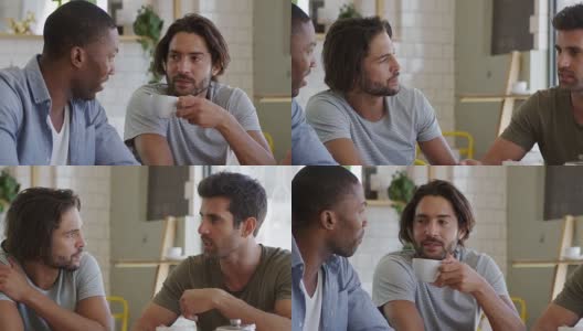 三个男性朋友在咖啡店见面的慢镜头高清在线视频素材下载